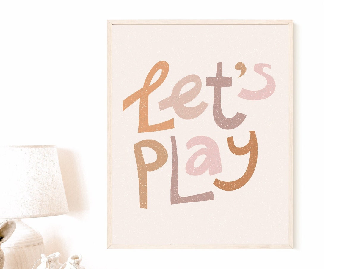 Lets Play Hand Lettered Terracotta Neutral Playroom Wall Art Poster