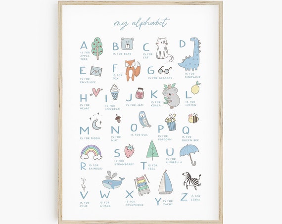 Boys Alphabet Boys Playroom Wall Art Gender Neutral Nursery Toddler Wall Art Abc Print Blue Nursery Decor Cute Kids Print