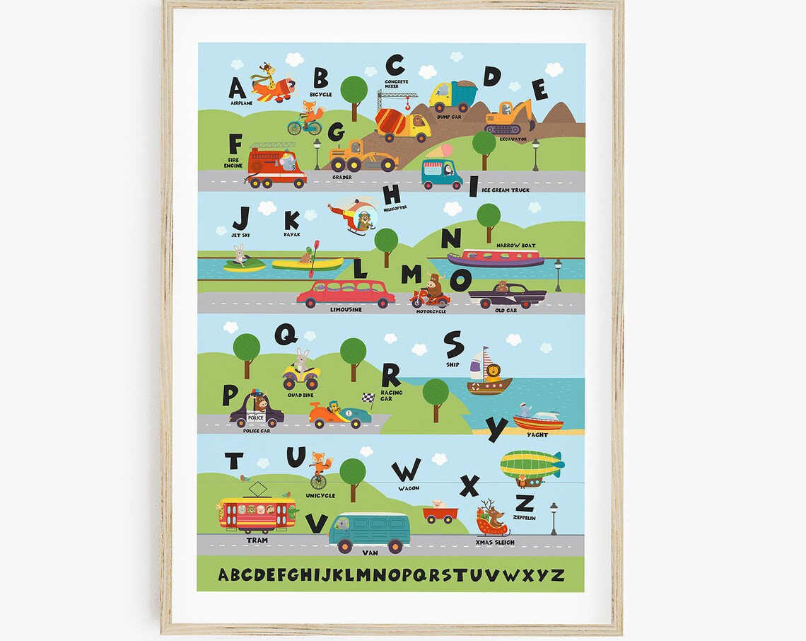 Transport Alphabet A To Z Cartoon Vehicles Boys Playroom Poster