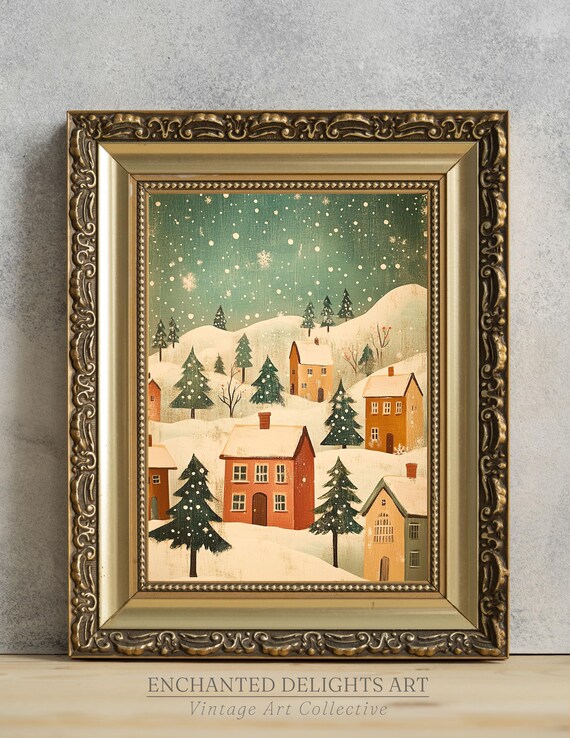 Snowy Christmas Village Houses Pines Folk Art Vintage Winter Poster