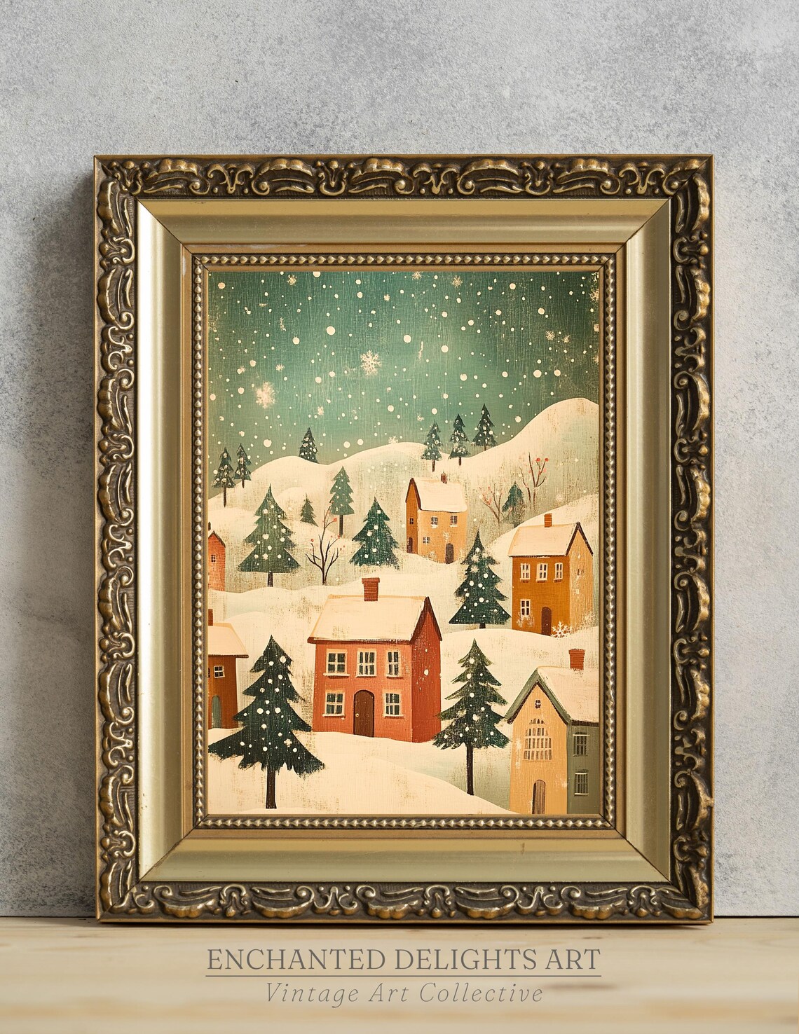Snowy Christmas Village Houses Pines Folk Art Vintage Winter Poster