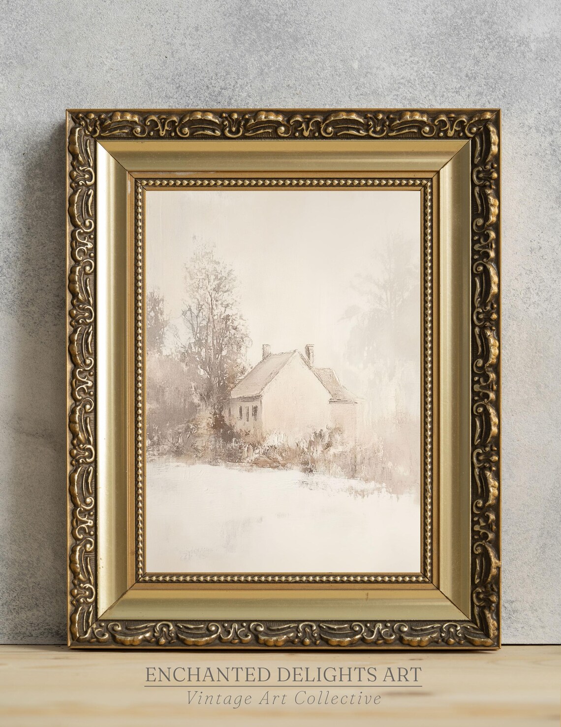 Antique Rural Cottage Painting Faded Neutral Vintage Wall Poster