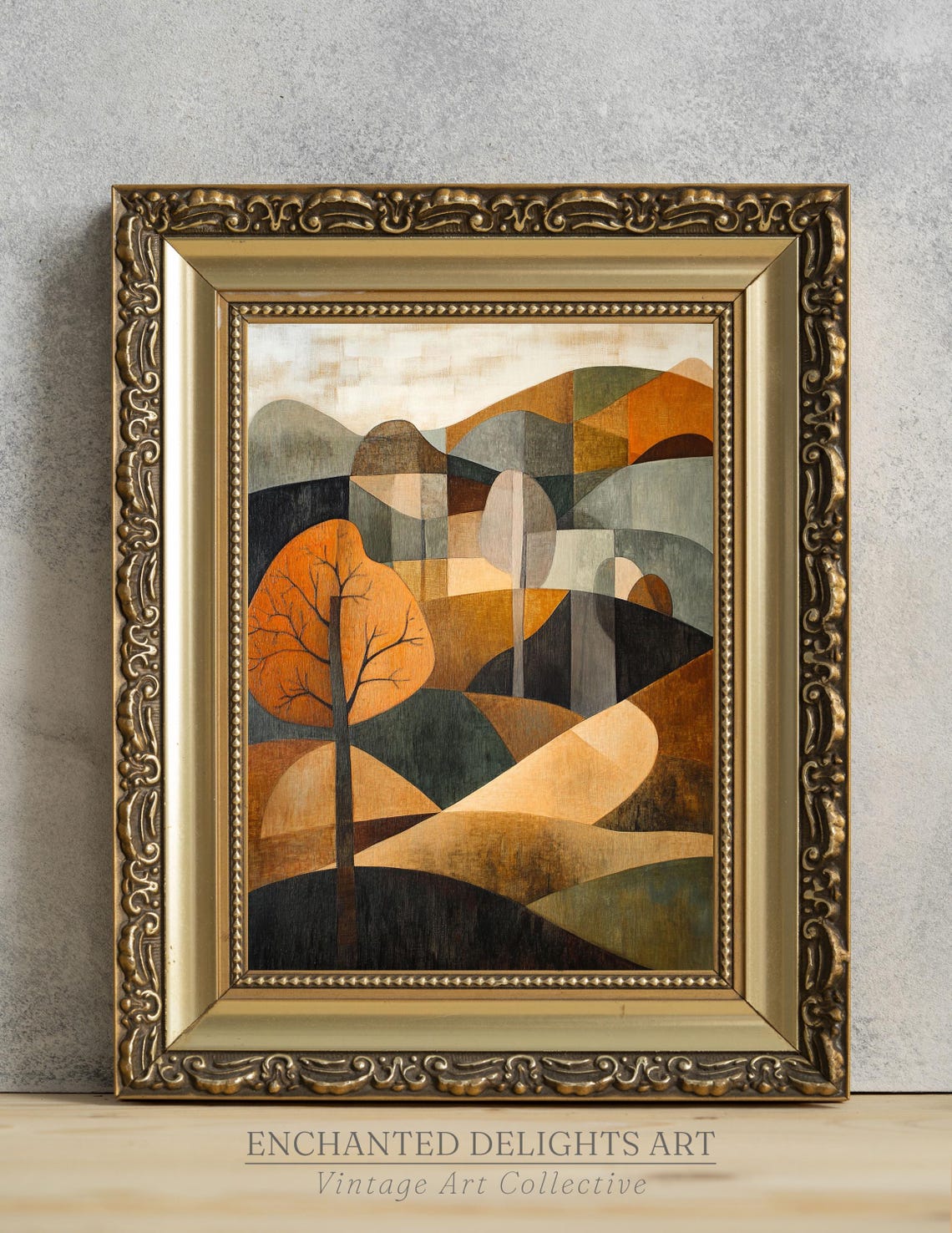 Cubist Patchwork Autumn Hills Orange Tree Modern Landscape Poster