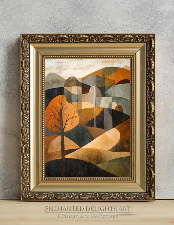 Cubism Autumn Landscape Painting Wall Art Vintage Abstract Print Cubist Fall Decor Earthy Tones Poster