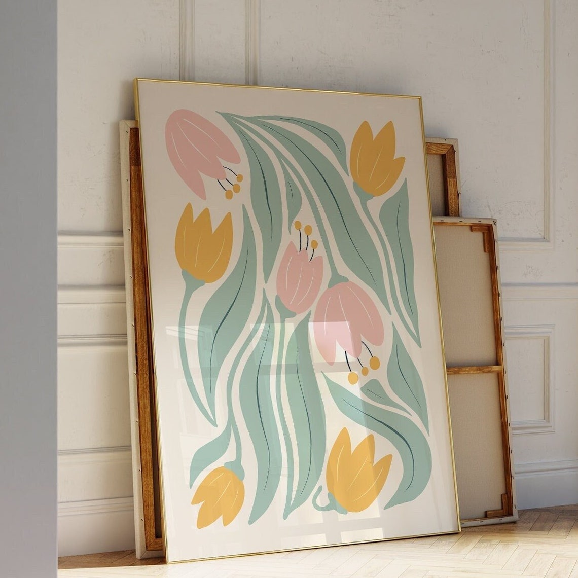 Colorful Tulips Pink Yellow Abstract Floral Botanical Wall Poster
