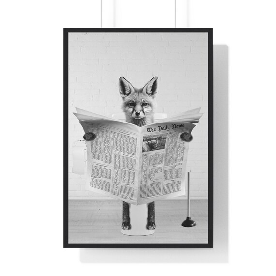 Red Fox Reading The Daily News on Toilet Whimsy Bathroom Poster