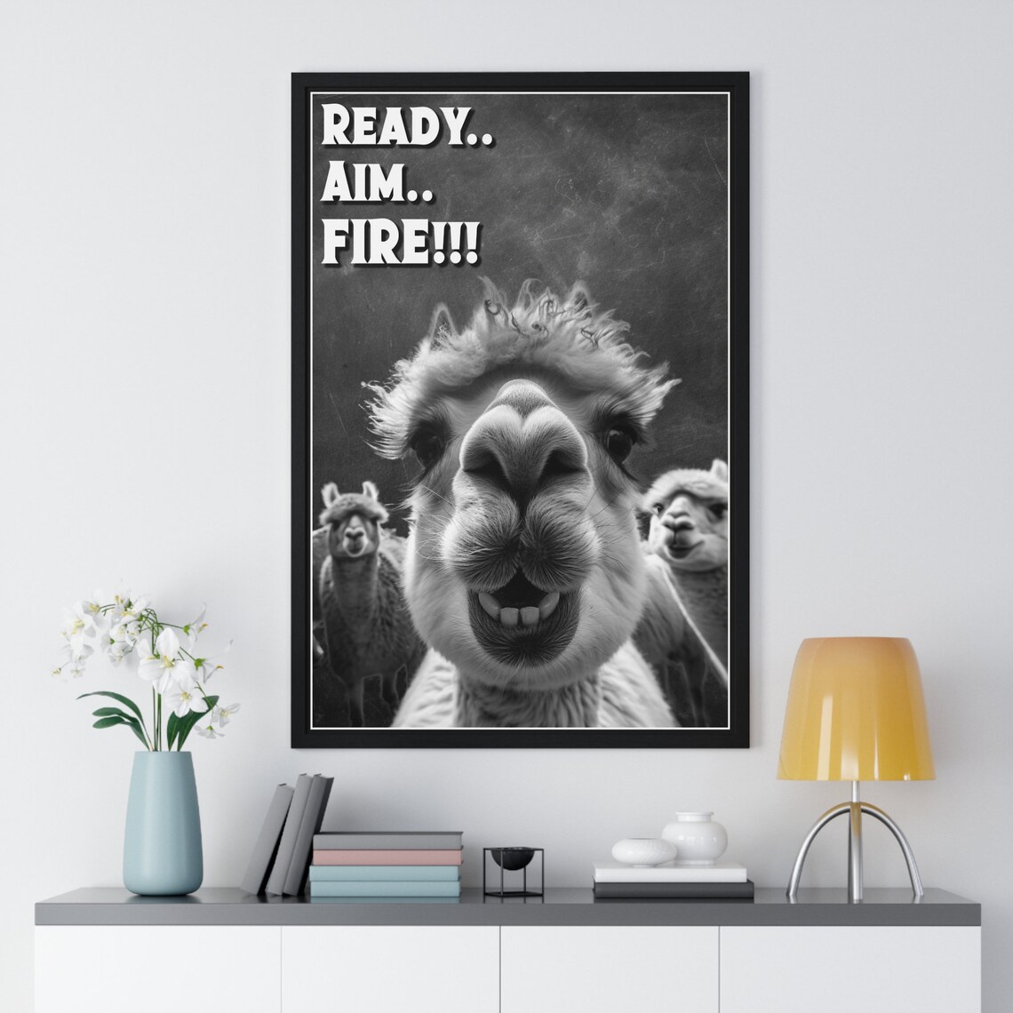 Alpaca Selfie Framed Close-Up Ready Aim Fire Funny Bathroom Quote Poster - Image 2