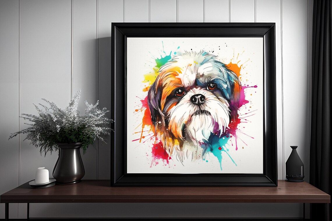 Sweet Shih Tzu Watercolor Splatter Portrait Rainbow Dog Poster