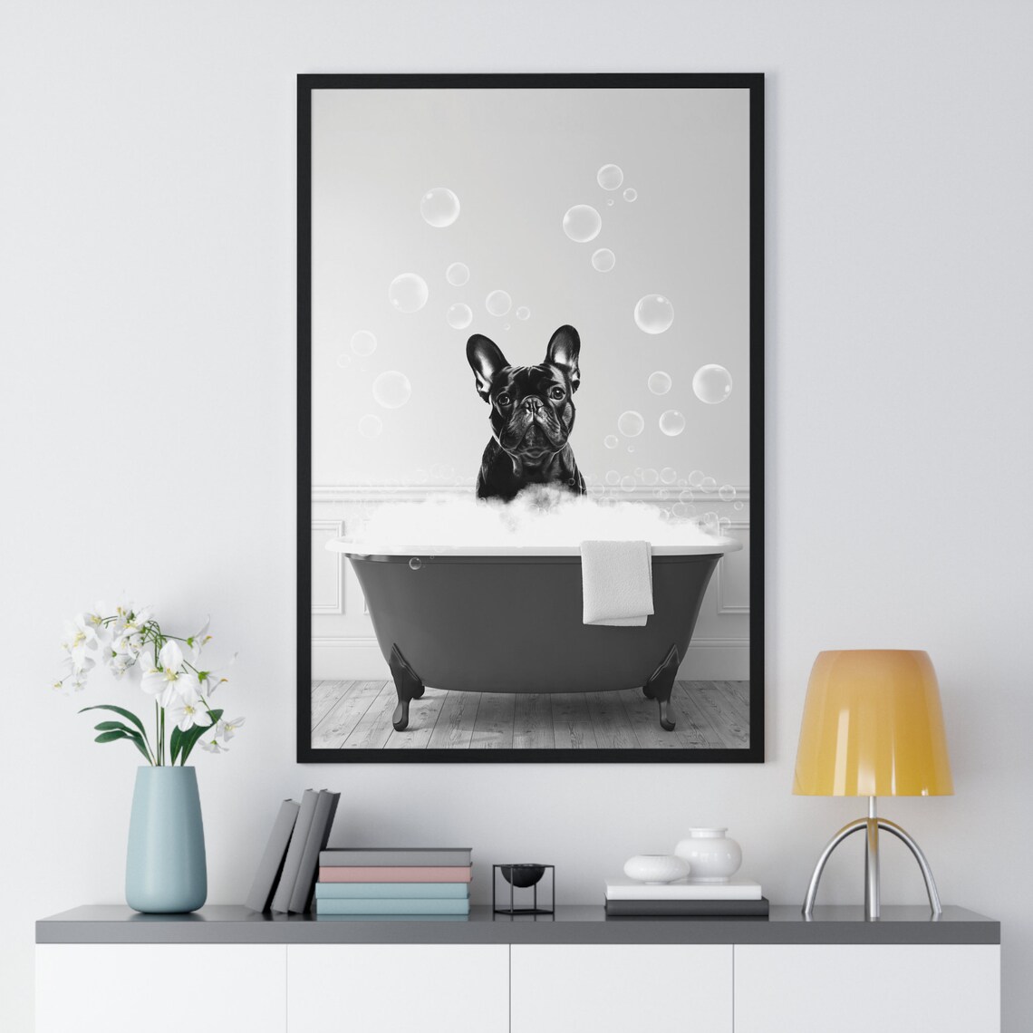 Adorable French Bulldog Enjoying Bubble Bath Funny Bathroom Poster - Image 2