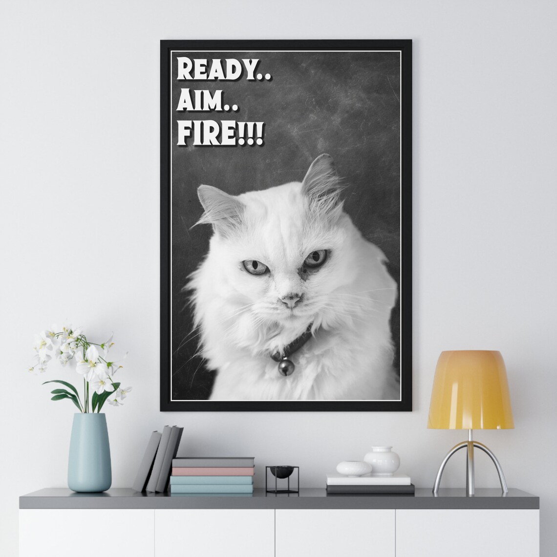Black And White Grumpy White Cat Selfie Ready Aim Fire Funny Bathroom Poster - Image 2