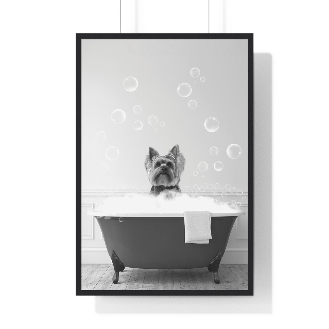 Yorkshire Terrier Bubble Bath Black And White Bathroom Dog Print