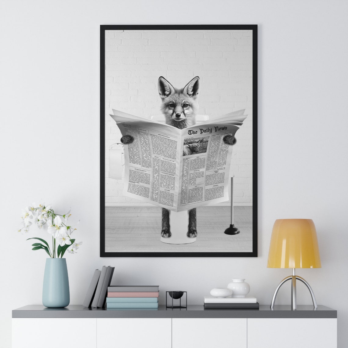 Red Fox Reading The Daily News on Toilet Whimsy Bathroom Poster - Image 2