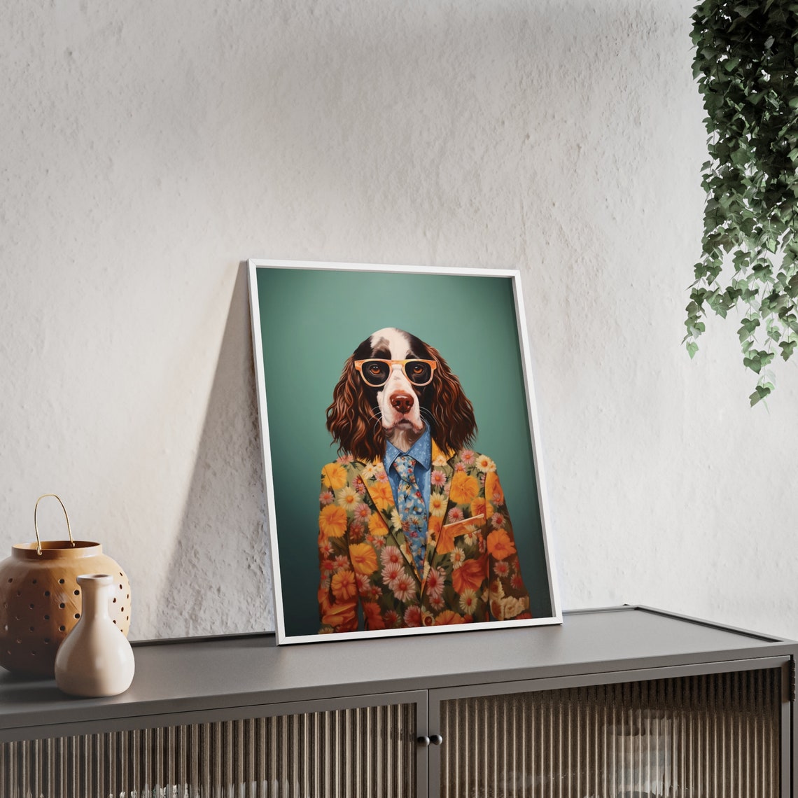 Springer Spaniel in Amber Glasses and Yellow Floral Blazer Poster - Image 2