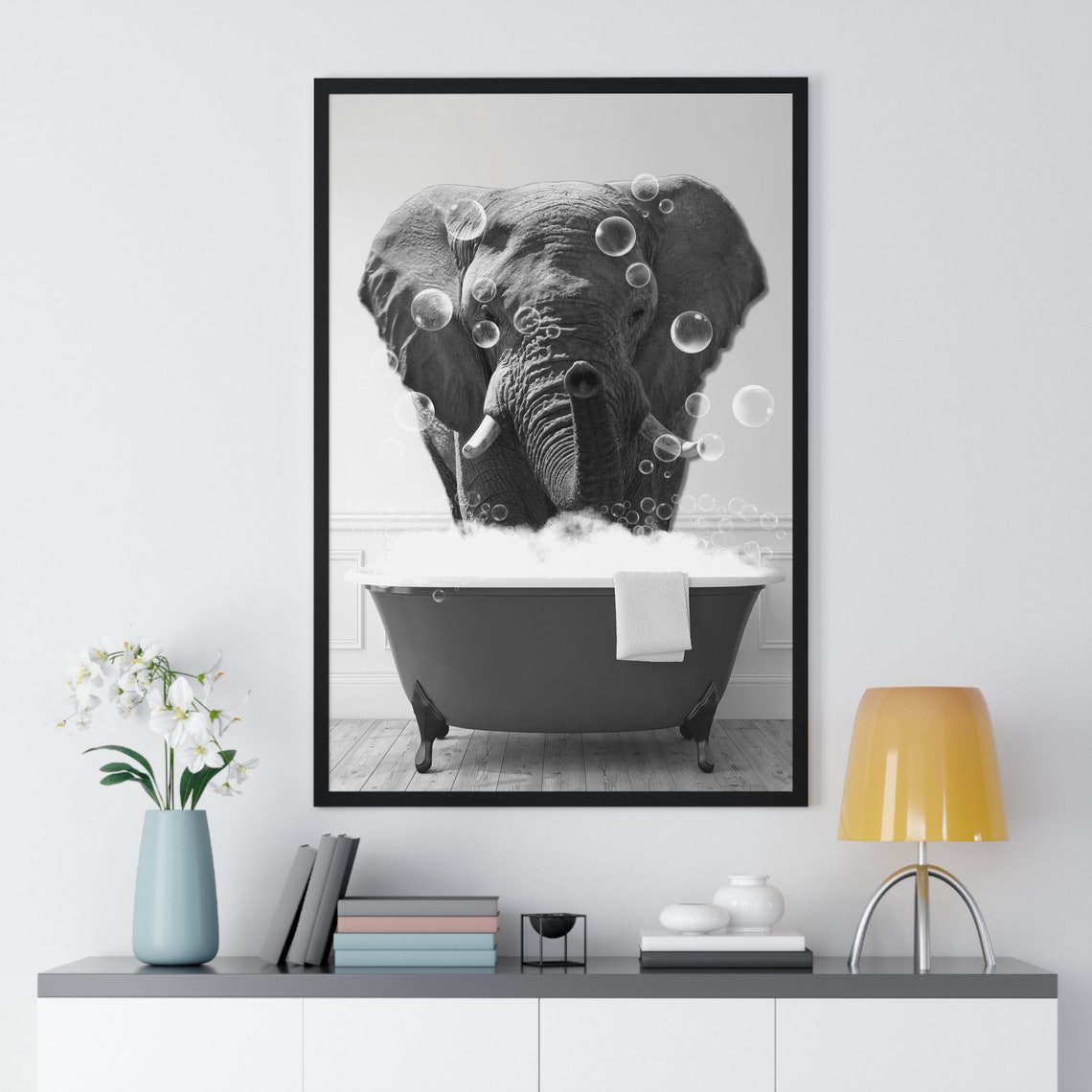 Elephant in Bubble Bath Black and White Funny Animal Art Poster - Image 2