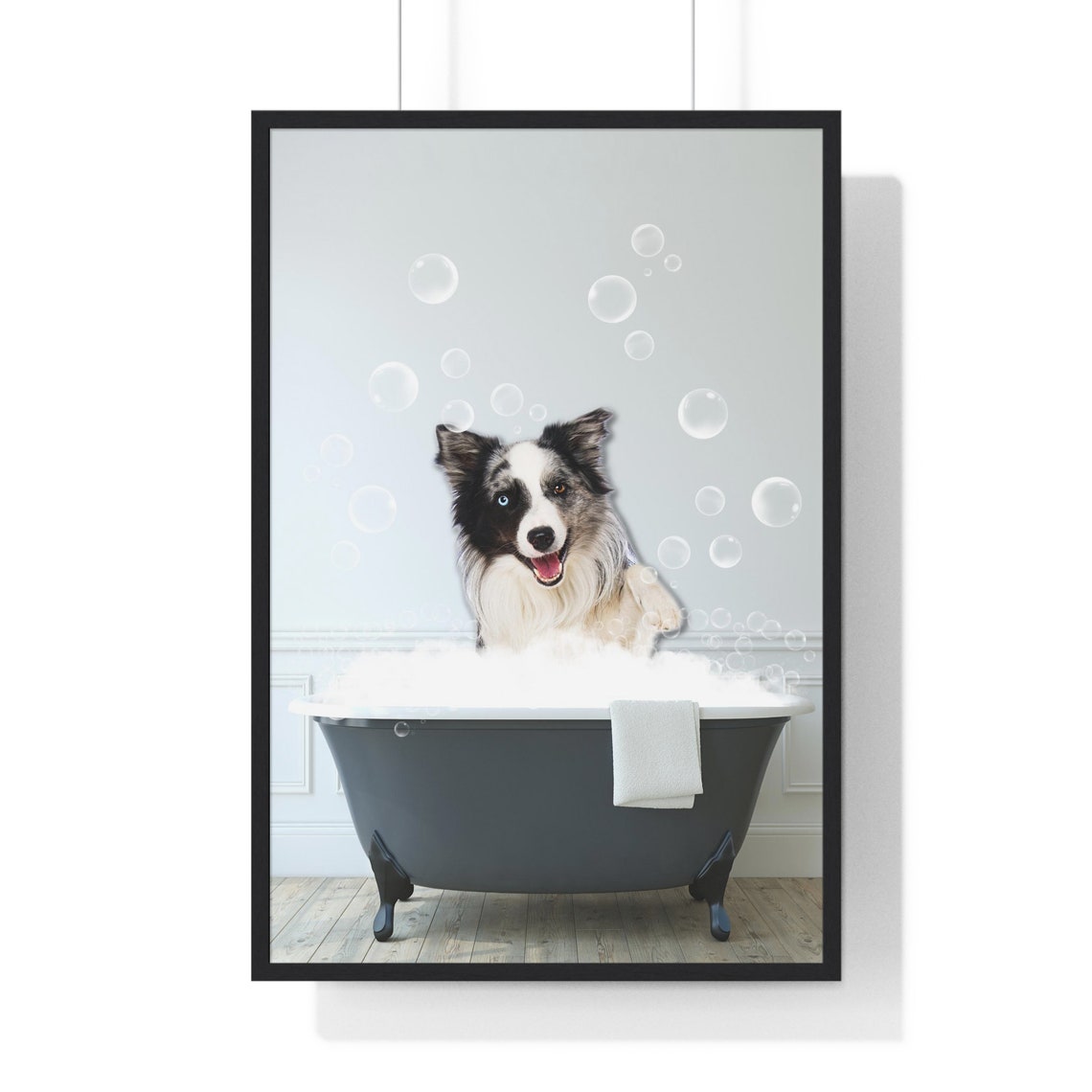 Happy Border Collie in Bubble Bath Funny Dog Bathroom Art Poster