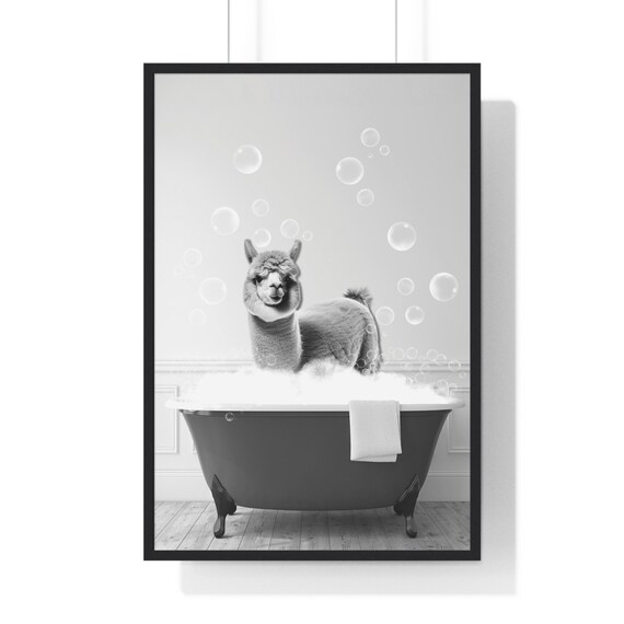 Alpaca In Bubble Bath Clawfoot Tub Funny Black And White Bathroom Poster