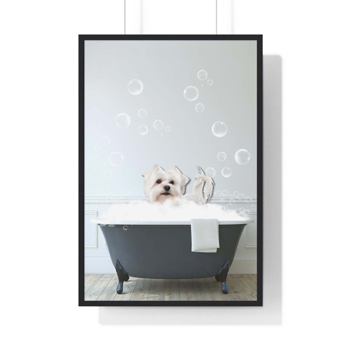 Sweet Maltese Dog in Bubble Bath Funny Dog Bathroom Art Poster