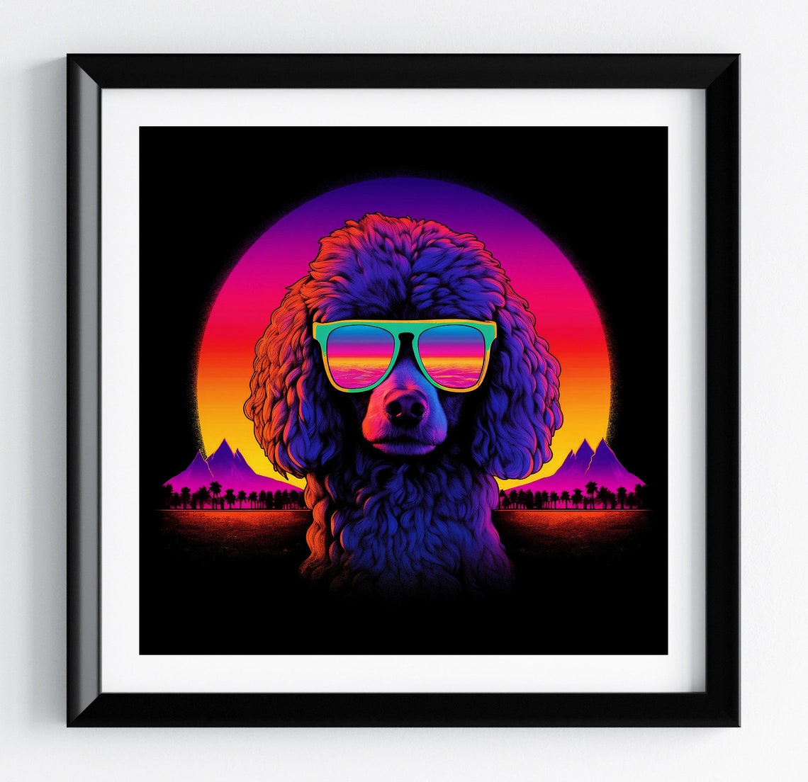 Poodle Neon Mountains Palms Cool Rainbow Shades Fun Dog Poster