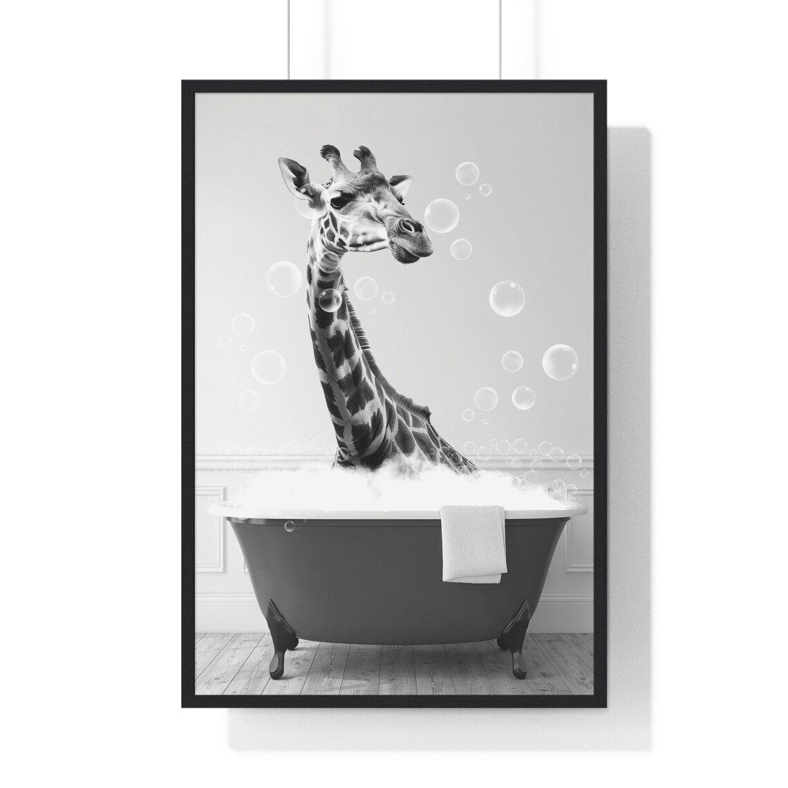 Giraffe In Bubble Bath Clawfoot Tub Funny Black And White Bathroom Poster