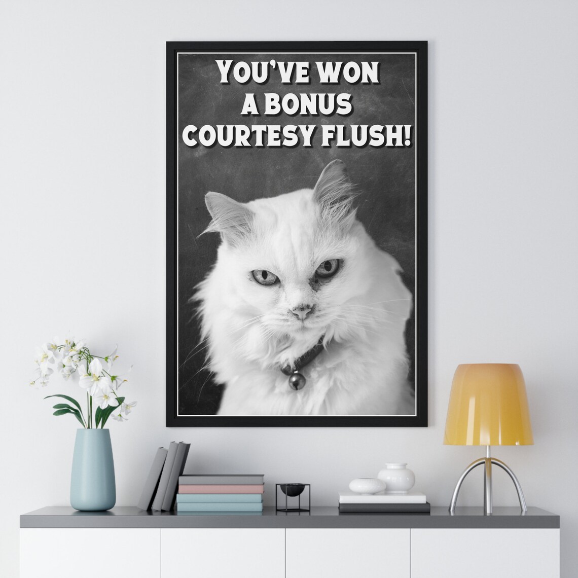 Black And White Grumpy White Cat Selfie Bonus Courtesy Flush Funny Bathroom Poster - Image 2