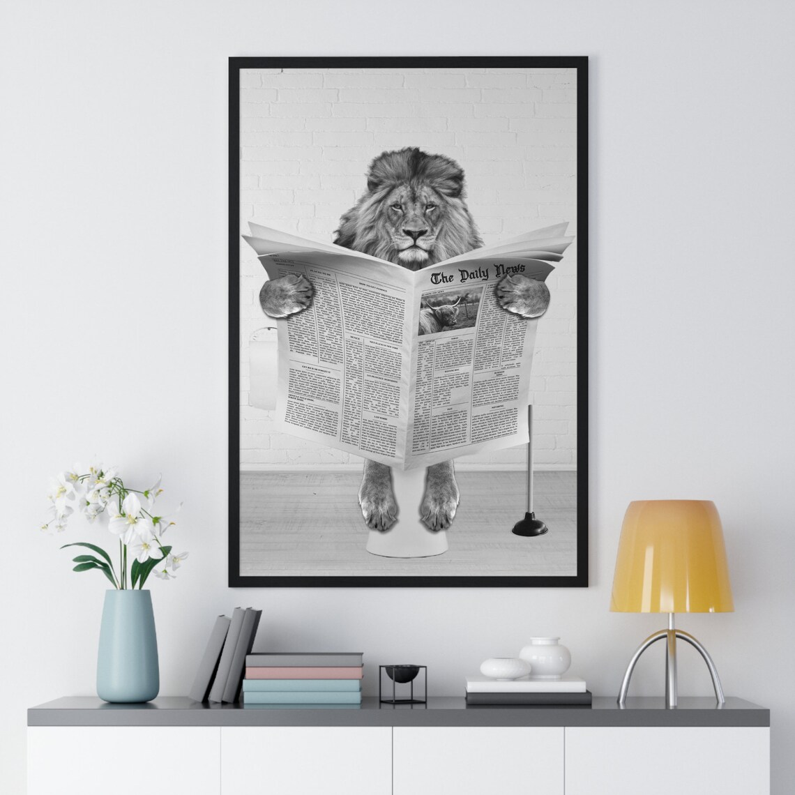 Majestic Full Maned Lion Reading The Daily News On The Toilet Poster - Image 2