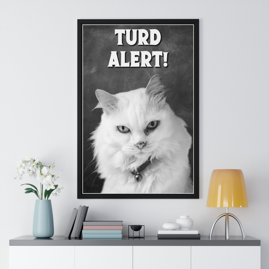 Black And White Grumpy White Cat Selfie Turd Alert Funny Bathroom Poster - Image 2