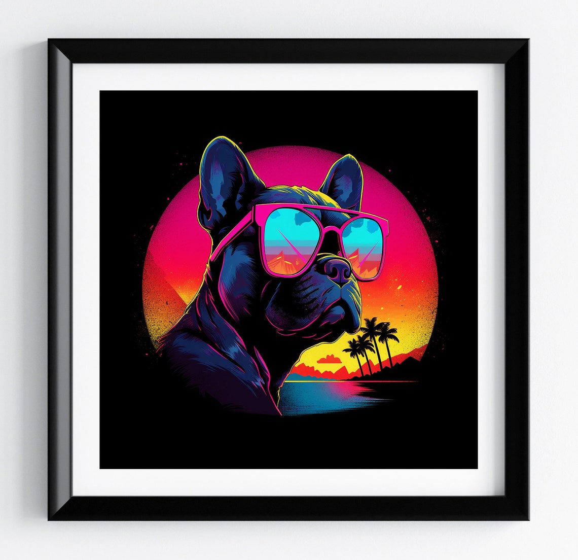 French Bulldog Retro 80s Neon Synthwave Sunset Portrait Poster