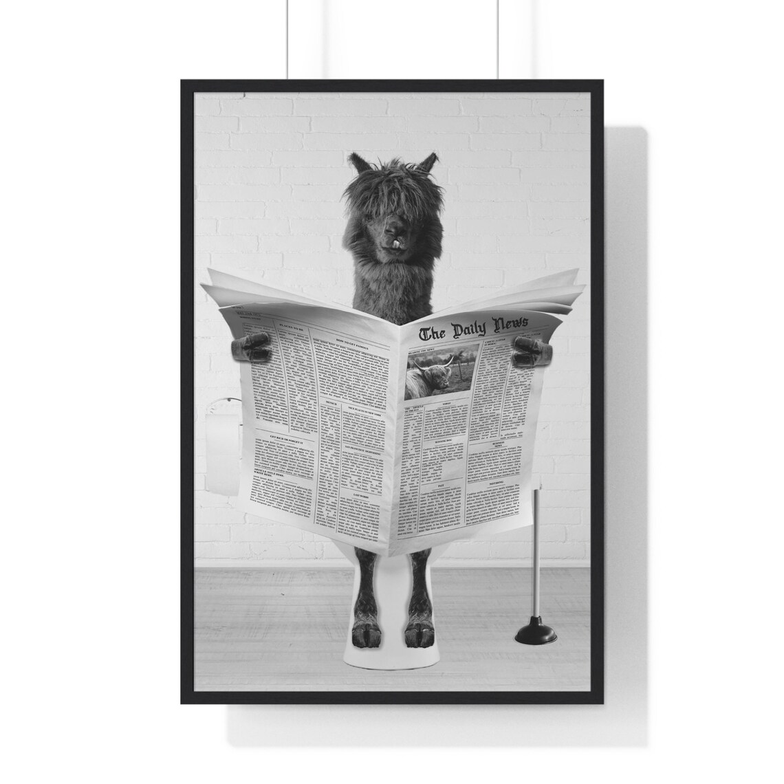 Alpaca Reading Newspaper On Toilet Funny Black And White Bathroom Poster