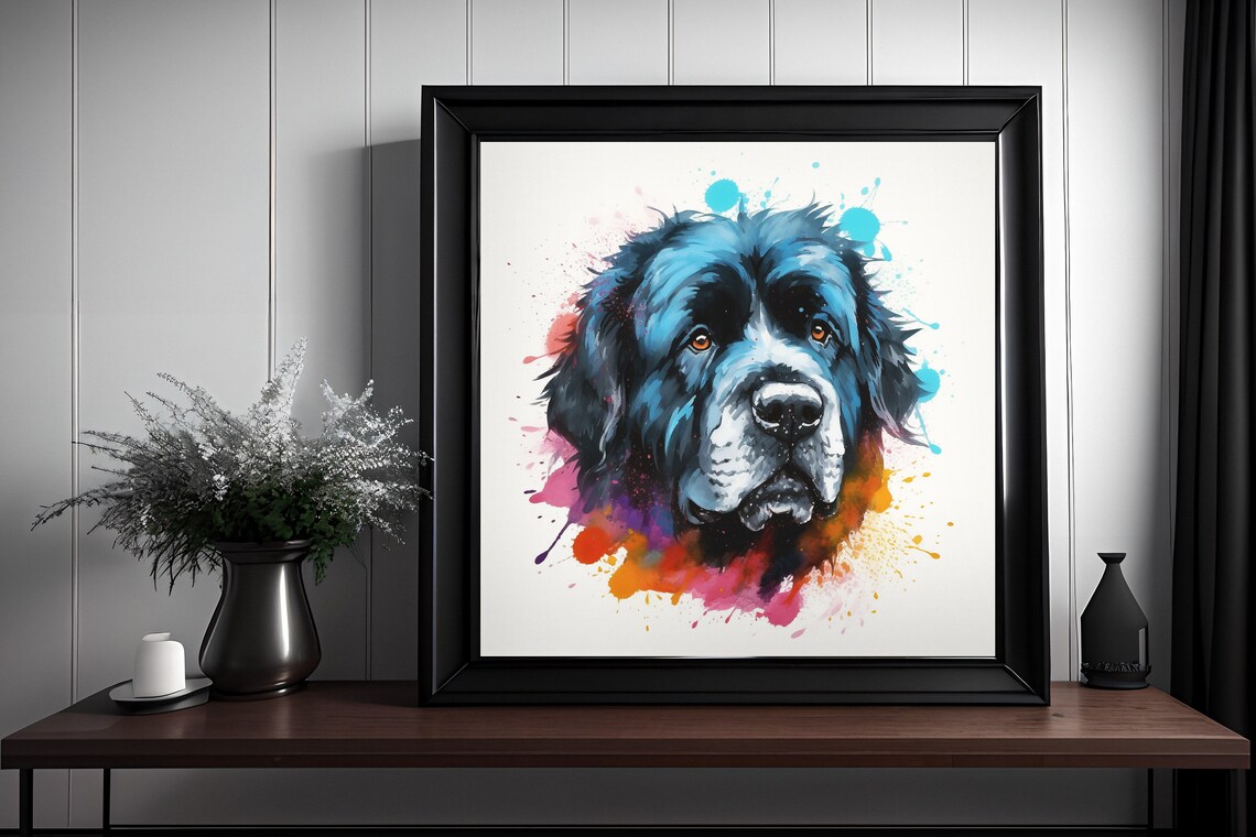 Black Newfoundland Watercolor Splatter Portrait Giant Dog Poster