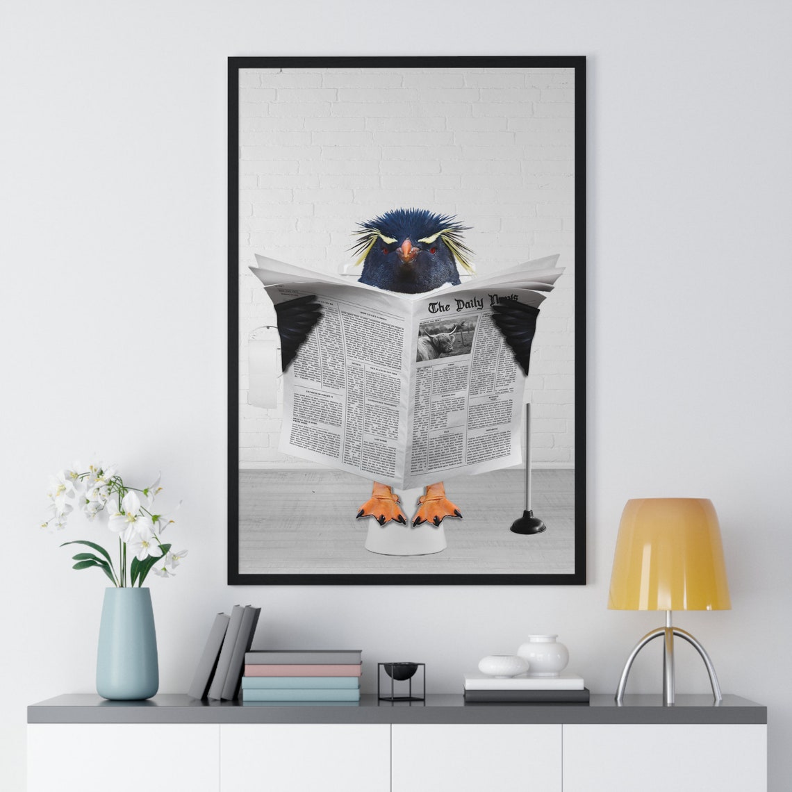 Rockhopper Penguin Reading Newspaper Funny Bathroom Art Poster - Image 2