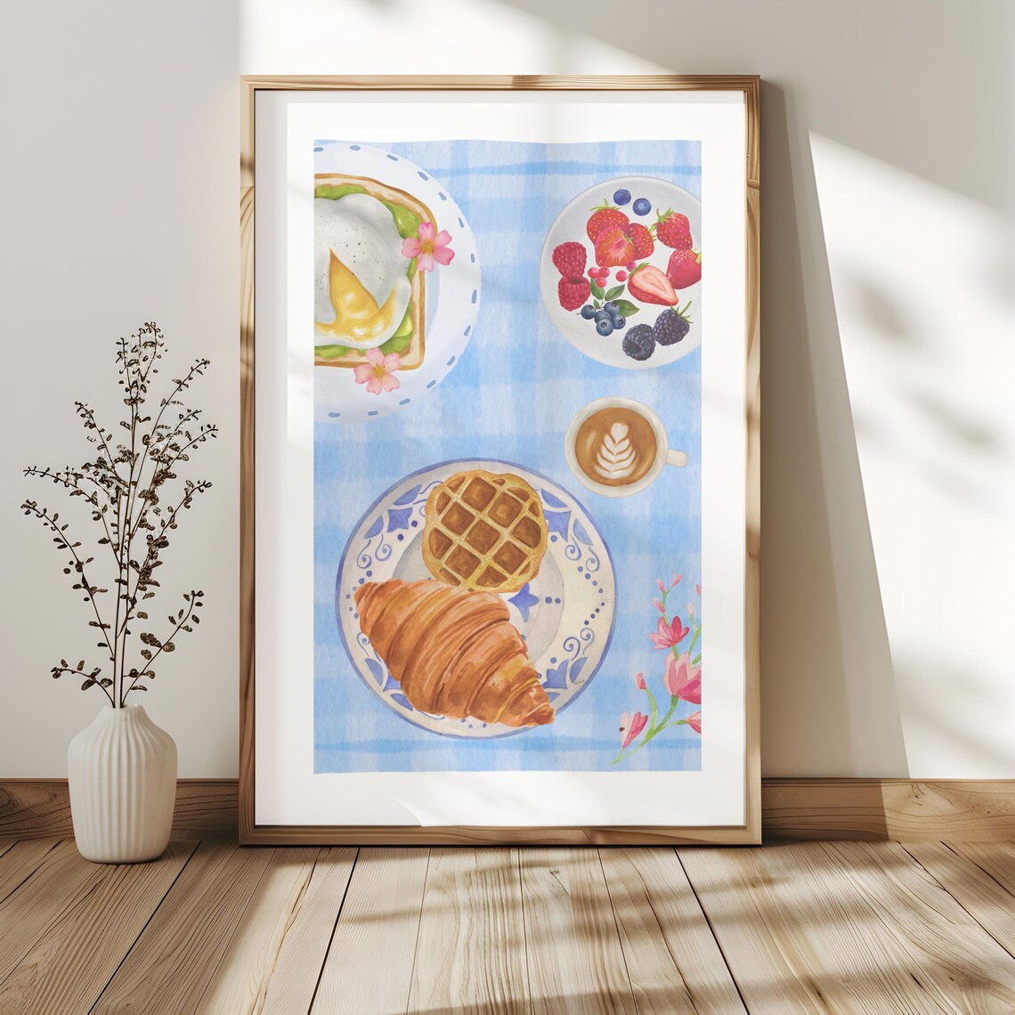 Little Breakfast Picnic Poster with Croissant Waffle Eggs and Fruit