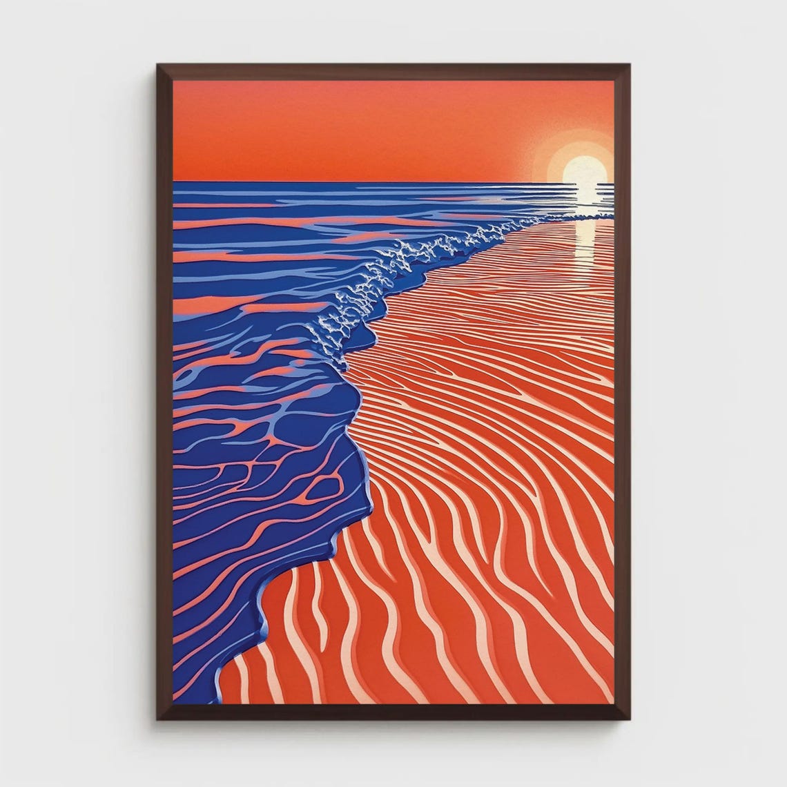 Retro Sunset Beach Orange Sand Blue Waves Stylized Art Poster - Image 3