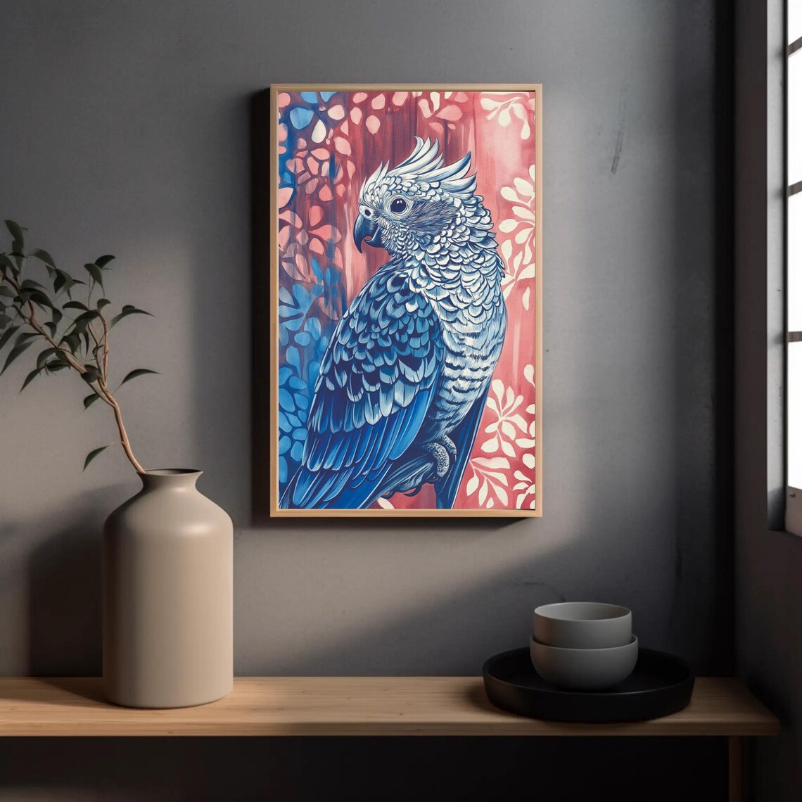 Australian Cockatoo with Vivid Blue Feathers on Red Foliage Poster