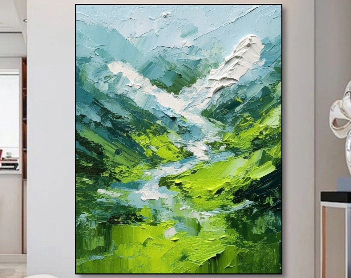 Original 3d Green Mountain River Painting On Textured Wall Art Custom Art Green River Painting Spring Living Room Wall Art