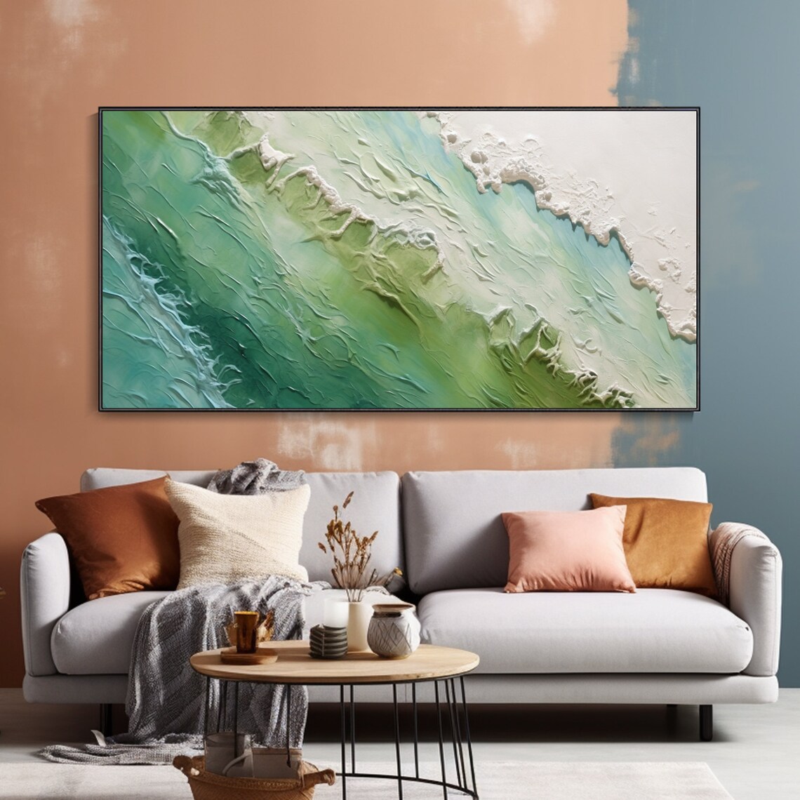 Emerald Green Waves Abstract Seascape White Foam Textured Oil Painting Wall Art - Image 4
