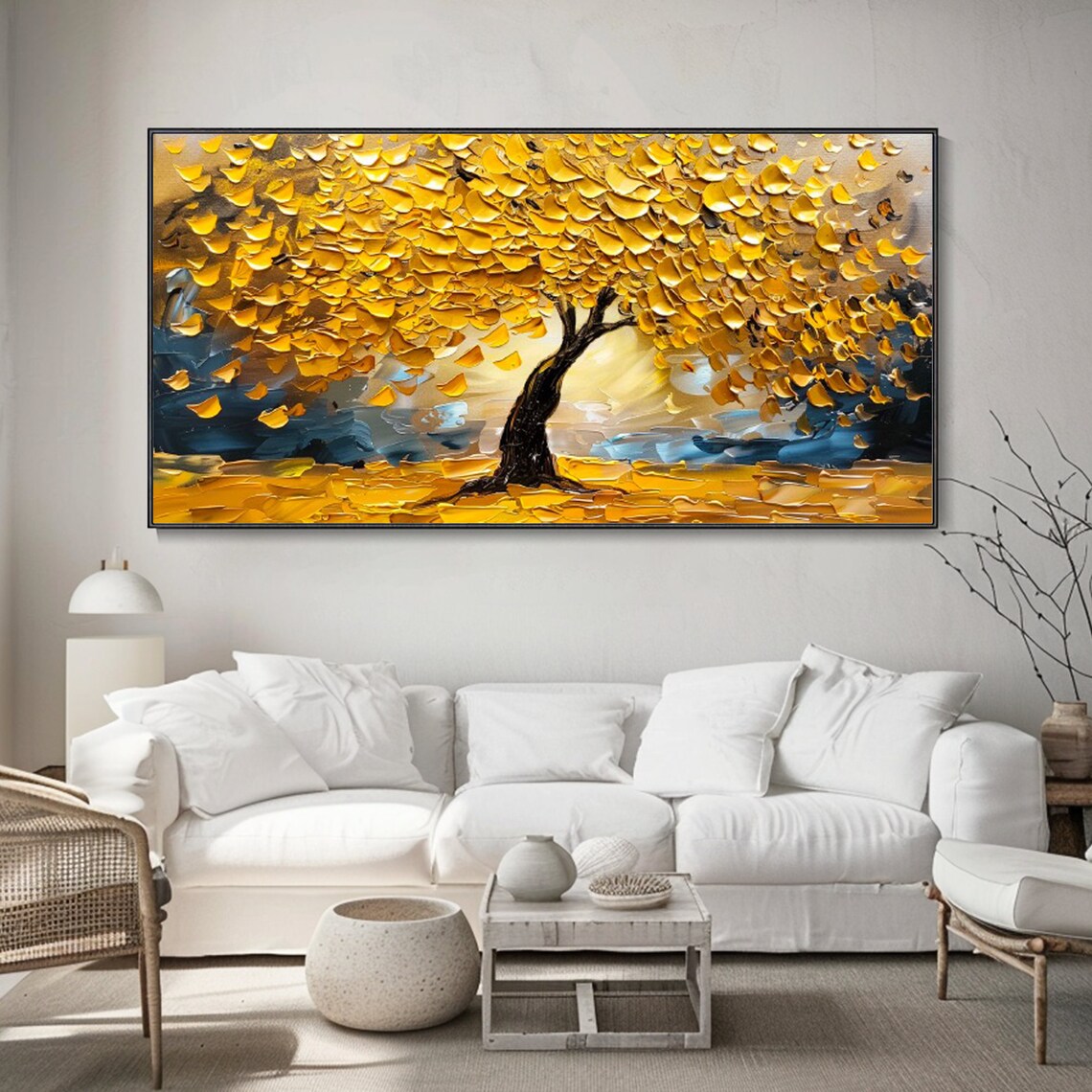 Golden Tree With Yellow Leaves Textured Autumn Oil Art Poster - Image 2
