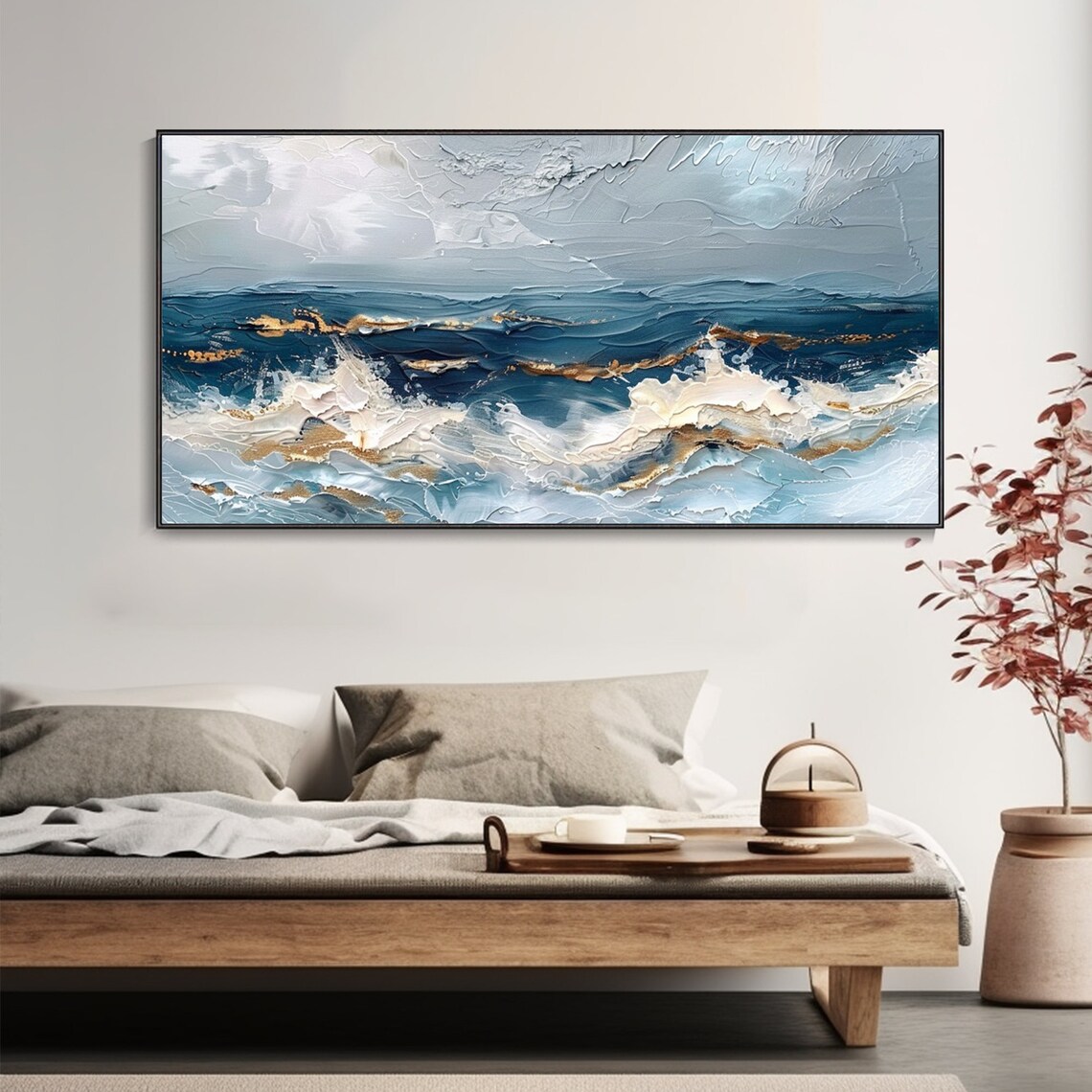 Blue Ocean Waves White Foam Gold Accents Textured Seascape Art Poster - Image 4