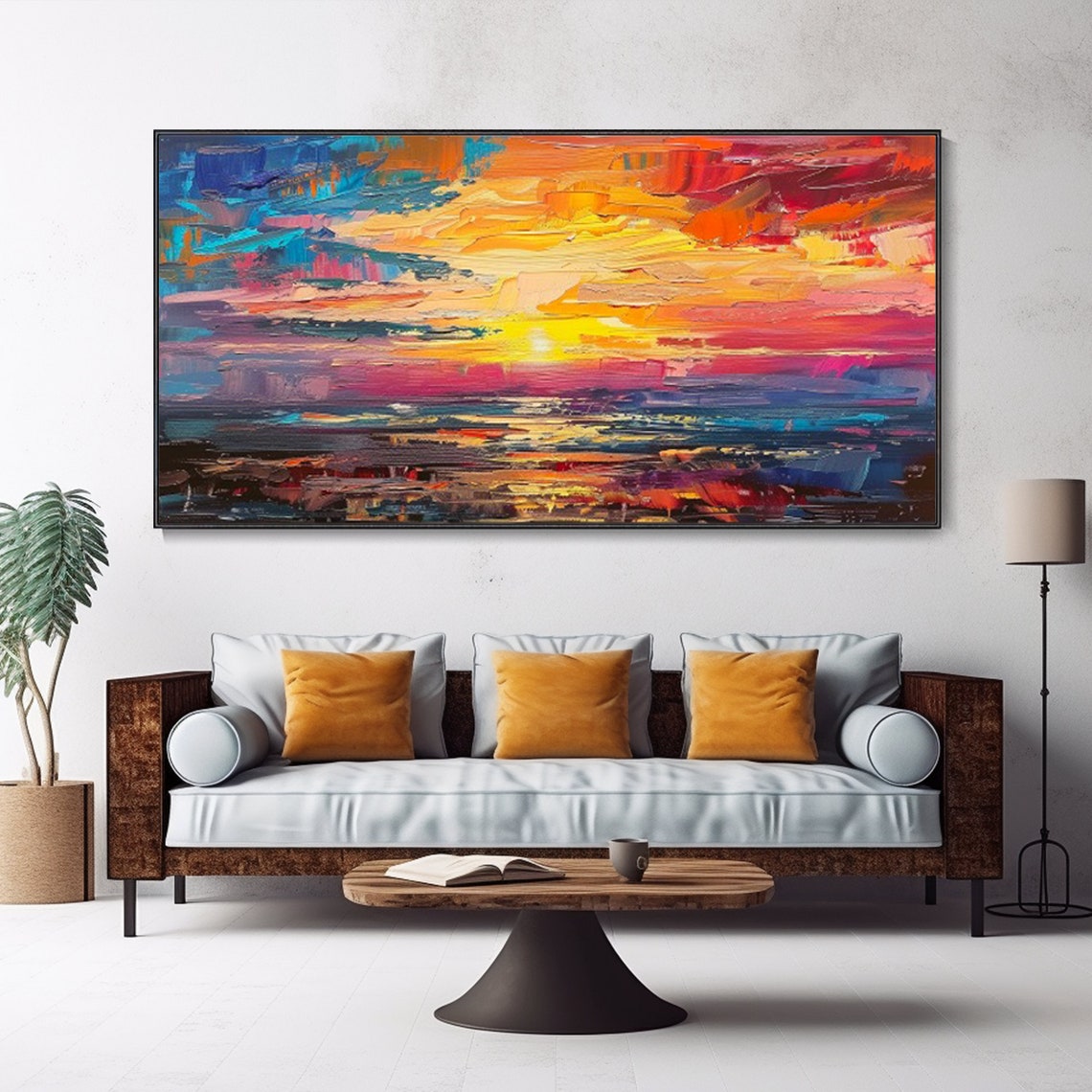 Fiery Sunset Over Ocean Waves Bold Colorful Impasto Seascape Wall Art - Image 5