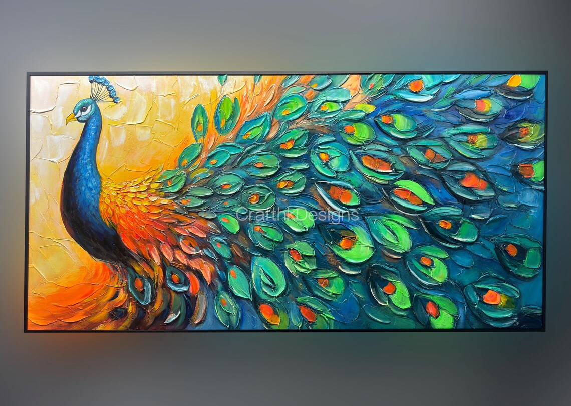 Peacock Textured Modern Oil Painting Art Print - Image 3