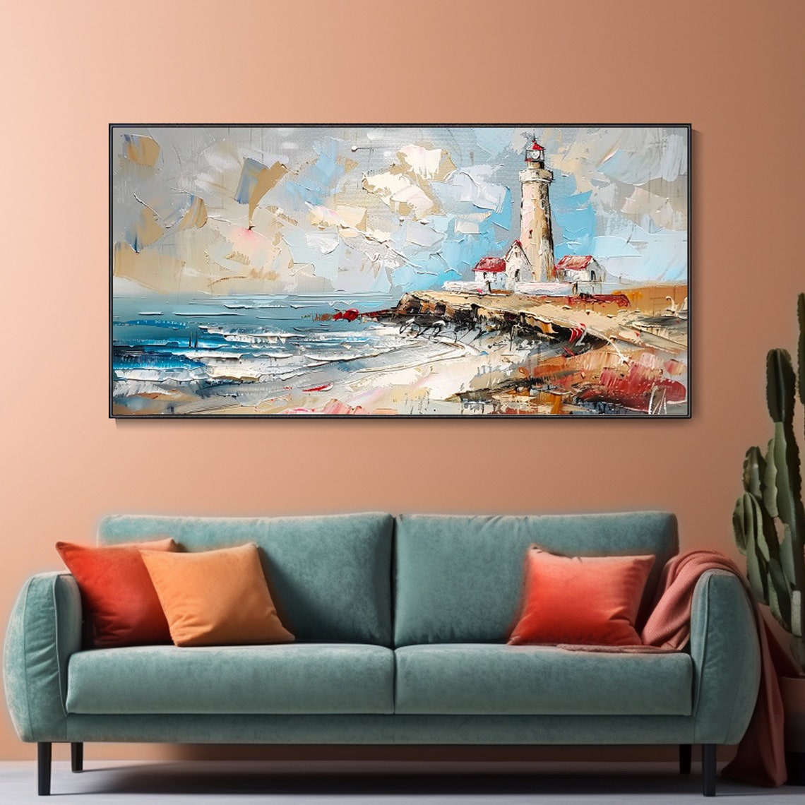 Lighthouse On Rocky Coast Ocean Waves Coastal Landscape Art Poster - Image 2