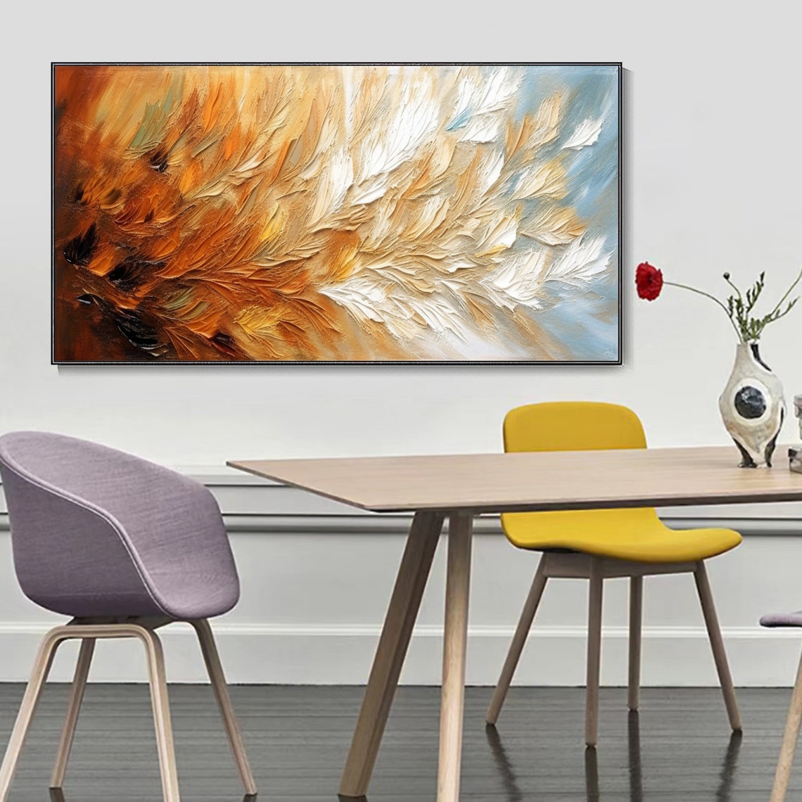 Warm Amber Abstract Feather Texture Thick Oil Painting Art Print - Image 3