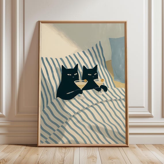 Black Cats With Martini Glass Wall Art Print Funny Cat In Bed Illustration Quirky Cocktail Bar Cart Decor Cozy Moody Bedroom Poster