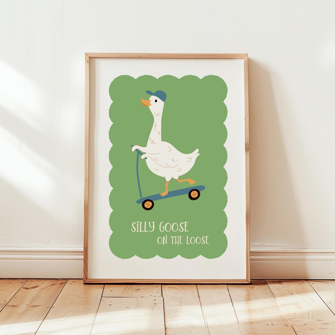 Cute Silly Goose On The Loose Skateboard Green Playroom Poster