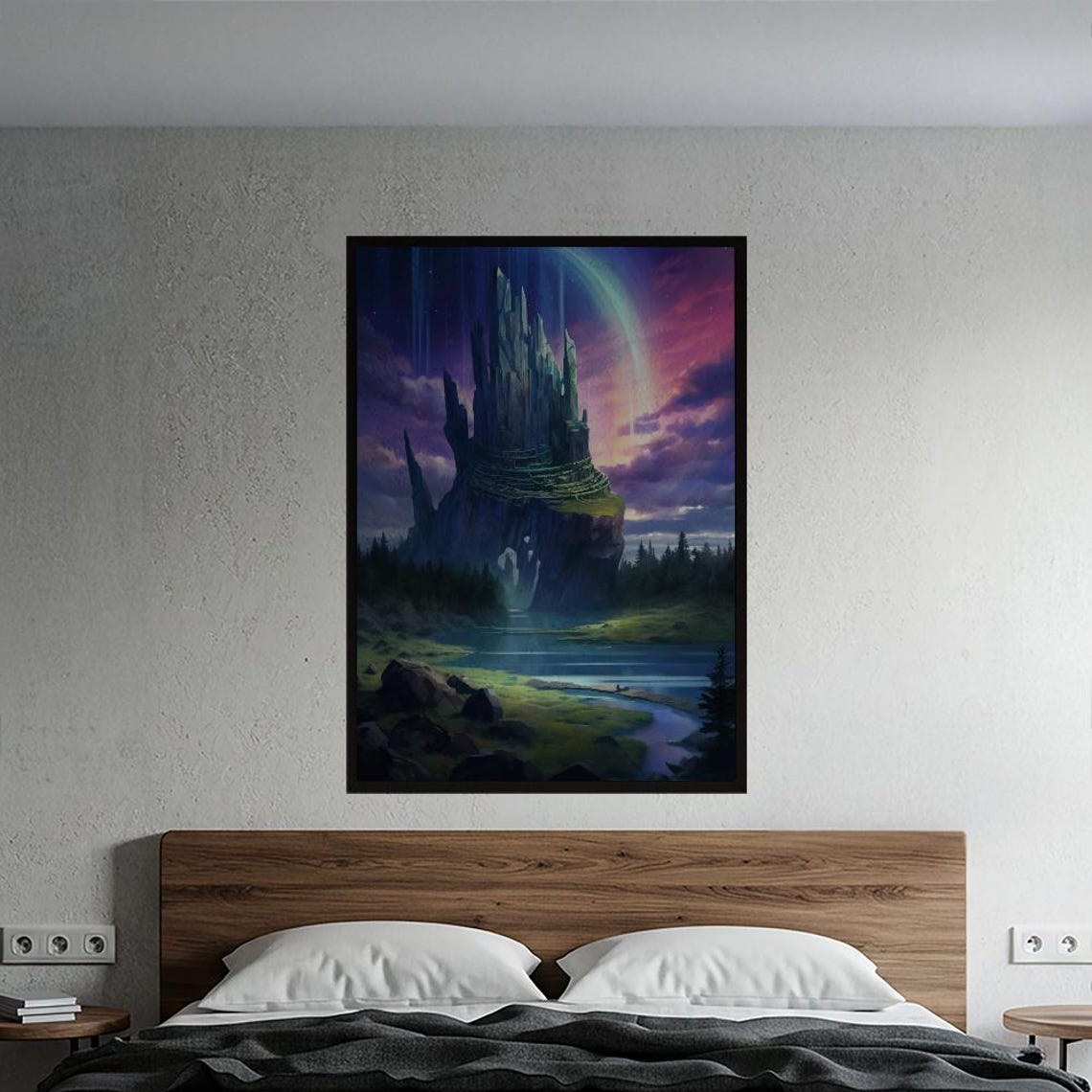 Mystic Crystal Pinnacle Fantasy Landscape Under Aurora Sky Poster
