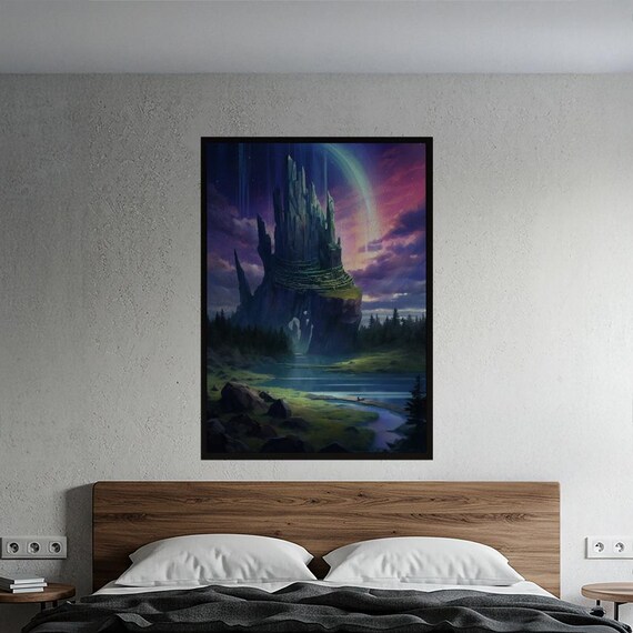 Mystic Crystal Pinnacle Fantasy Landscape Under Aurora Sky Poster