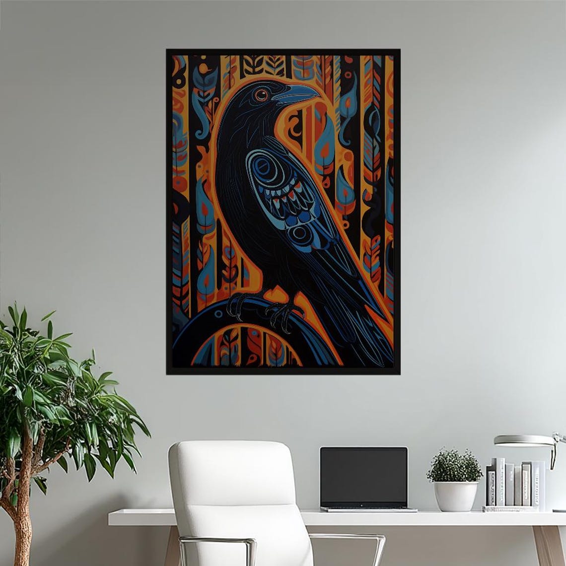 Stylized Colorful Raven Perched On Branch Indigenous Folk Art Poster