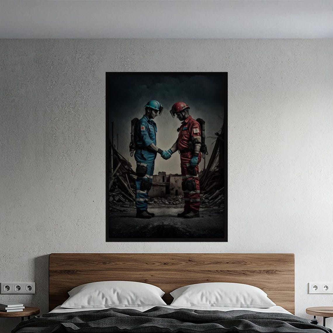 Heroic Rescue Workers Handshake Disaster Rubble Tribute Poster