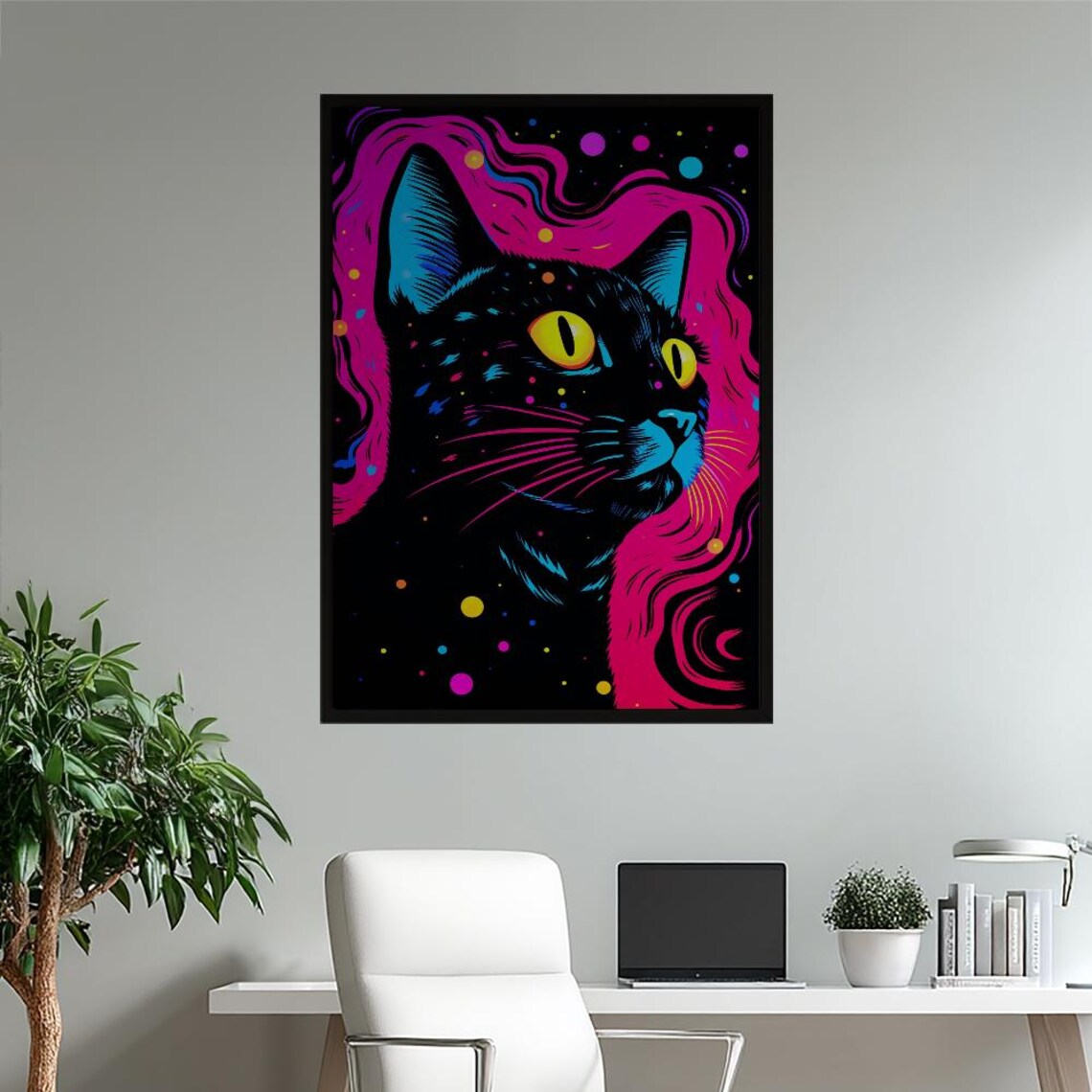 Vibrant Neon Black Cat Cosmic Pop Art Magenta Yellow Eyes Poster
