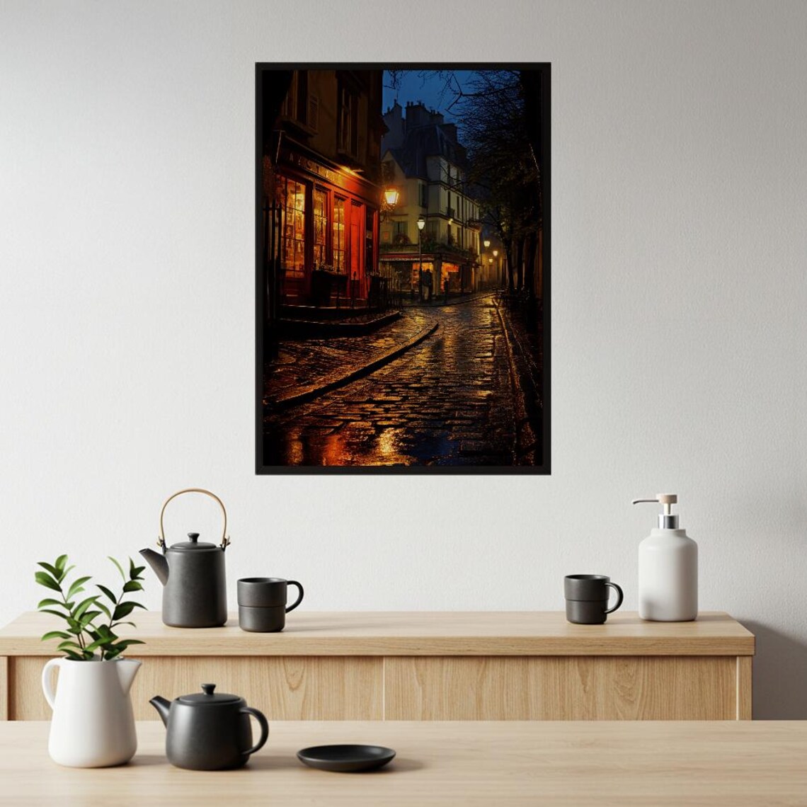 Parisian Night Street Art Print Wet Cobblestone Alley Poster Romantic European Cityscape Wall Decor Cozy Ambiance Photography
