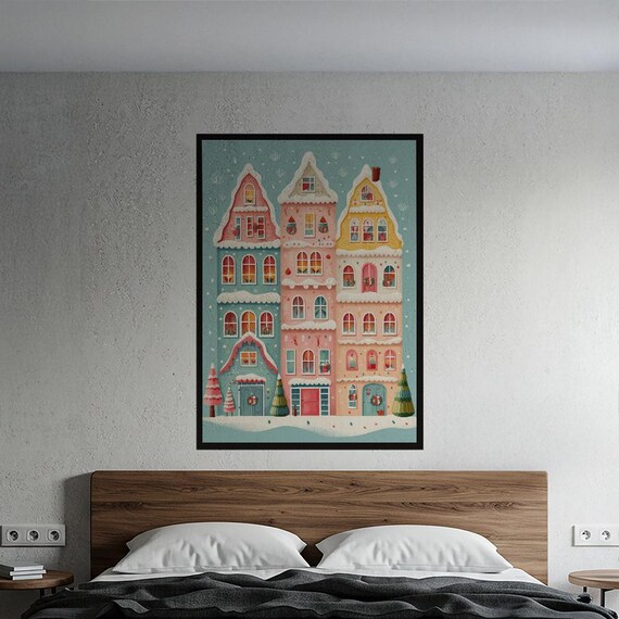 Charming Winter Village Poster Pastel Christmas Wall Art Cozy Holiday Home Decor Whimsical Kids Room Print Festive Nursery